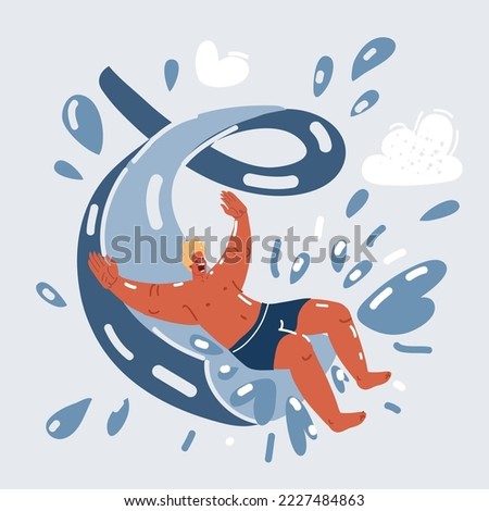 Cartoon vector illustration of excited man having fun on water slide in tropical aqua park