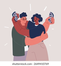 Cartoon vector illustration of excited young man and woman viewing content on their phones feeling exited