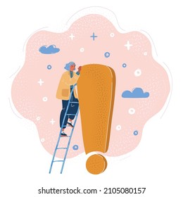 Ilustración vectorial de dibujos animados del signo de exclamación con una mujer minúscula
