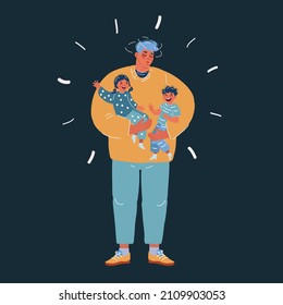 Cartoon vector illustration of exhausted father holding two screaming children over dark backround.