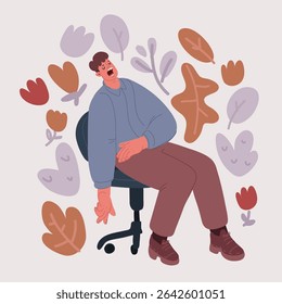 Cartoon vector illustration of Exhausted job applicant lying on chairs and sleeping in the waiting room, he has been waiting all day long