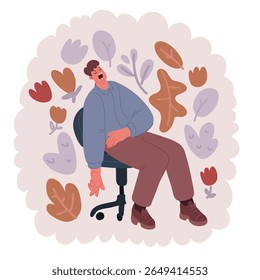Cartoon vector illustration of Exhausted man sleeping on his office desk, next to laptop and documents, tired of overworking. Young male workaholic suffering from chronic fatigue at workplace