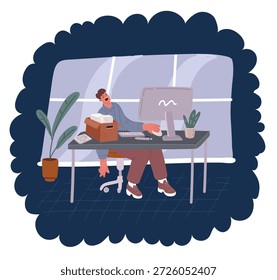 Cartoon-Vektorgrafik von Erschöpften Millennials Mann schlafend auf seinem Schreibtisch, neben Laptop und Dokumenten, müde von Überarbeit. Junge männliche Workaholic leiden unter chronischer Müdigkeit am Arbeitsplatz auf dunklem Hintergrund