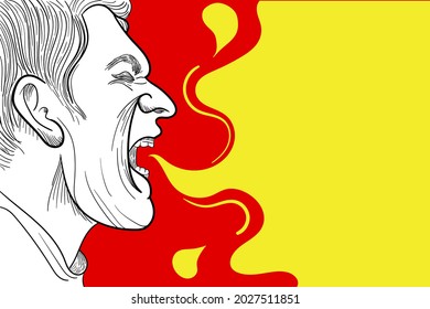 Cartoon vector illustration of the expression of a man screaming or shout with his mouth open with blank bubble speech 