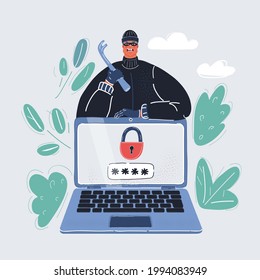 Cartoon vector illustration of eye masked thief behind a laptop. He wants to steal the password