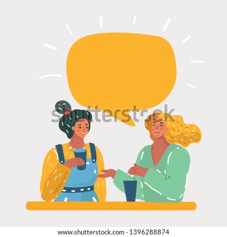 Cartoon vector illustration of faces of Talking Women with yellow Speech Bubble. Speaking friend. Human female characters on dark background.