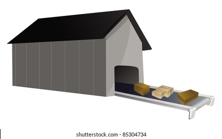 cartoon vector illustration of a factory and conveyor belt