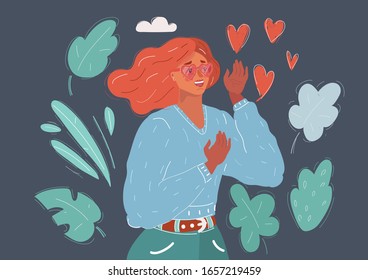 Cartoon Vektorillustration Illustration von Verliebten auf dunklem Hintergrund. Frau mit Herzen um sich herum. Herzform rosafarbene Brille. Frau auf dunklem Hintergrund.