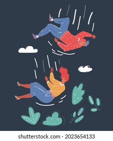 Cartoon vector illustration of Falling people on dark backround.