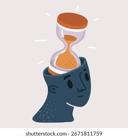 Ilustración vectorial de la historieta de la cabeza humana de la arena que cae, dentro de un reloj de arena