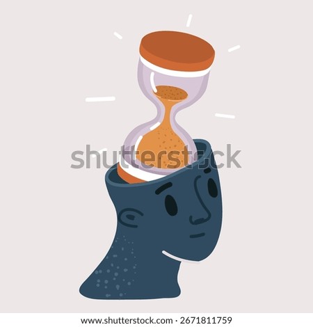 Cartoon vector illustration of falling sand human head, inside a hourglass
