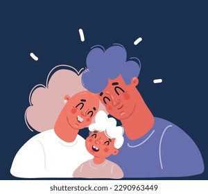 Cartoon vector illustration of familily togeter. Portrait of young family over dark background