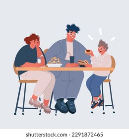 Cartoon vector illustration of familuy sitting at cafe. Man, woman and children at street cafeteria