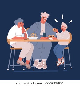 Cartoon vector illustration of family in cafe. Mother, father, son over dark background