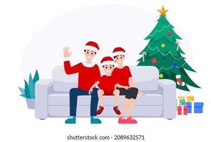 Cartoon vector illustration of a Family celebrating New Year holiday at home scene on sofa at home with decorated pine tree and gift box. Parents and son sitting on sofa to Merry Christmas at home.