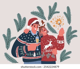Cartoon vector illustration of Family celebrating winter holidays together drinking champagne. Christmass and Happy New Year concpept.