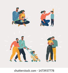 Cartoon vector illustration of family and children set. Reading, growth measurement, couple with baby in a stroller, young family with toddler. Mother and father and son.