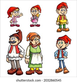 Cartoon vector illustration of a family of gnomes, mom, dad, kids fun in dwarf clothes. Two brother and sister twins caps. You can use both together and individually. Kind and lovable characters.