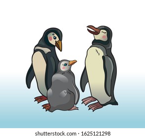 Cartoon vector illustration with family of magellanic penguins. Funny antarctic birds on a white background.