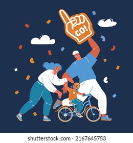 Cartoon vector illustration of family teach Riding their daughter ride at bike over dark backround