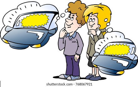 Cartoon Vector illustration of a family there thinking about how their new car can be financed