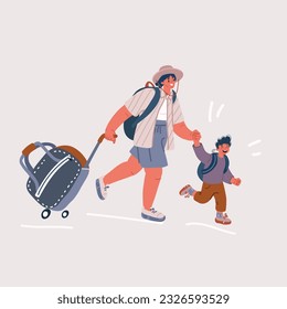 Cartoon vector illustration of Family travel. Mother and little son at the airport.