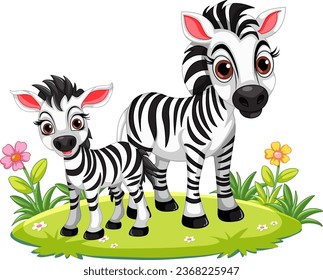 A cartoon vector illustration of a family of zebras standing on a green glass surface