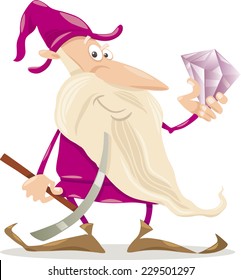 Cartoon Vector Illustration of Fantasy Dwarf with Diamond and Pick Ax