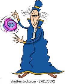 Cartoon Vector illustration of Fantasy Evil Wizard or Sorcerer Casting a Spell