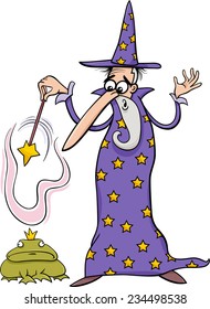 Cartoon Vector illustration of Fantasy Wizard with Magic Wand Casting a Spell and Enchanted Frog