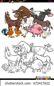 Cartoon Vector Illustration of Farm Animal Characters Group Coloring Book Activity