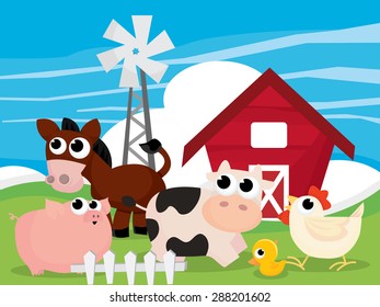 A cartoon vector illustration of farm scene with farm animals like cow, pig, chickens and more.