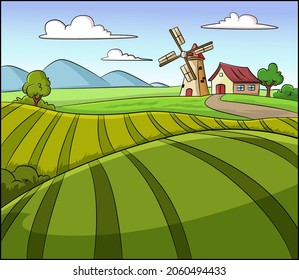 Cartoon vector illustration of a farmland windmill