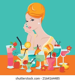A cartoon vector illustration of a fashionable girl behind a table with various summer cocktails.