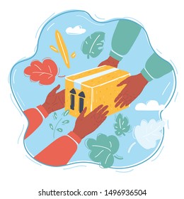 Cartoon vector illustration of fast delivery service. Give box from hands to hands