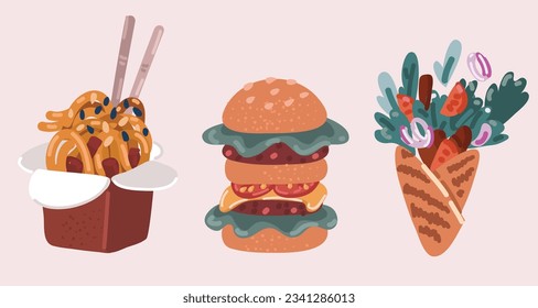 Cartoon vector illustration of Fast food collection. Food set for restaurant or diner menu. Noodle, burger, Shaurma,