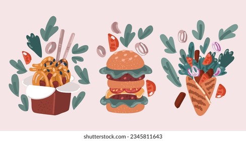 Cartoon vector illustration of Fast food icons of fastfood snacks and sandwiches. Cafe, restaurant or bistro menu. Chinese noodle box, kebab and noodle wok cebab