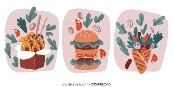 Cartoon vector illustration of Fast food Chinese noodle box, kebab and noodle wok cebab