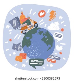 Cartoon vector illustration of fast scooter delivery on earth. Shopping online on global concept. Worldwide freight.
