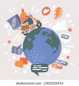 Cartoon vector illustration of fast scooter delivery on earth. Shopping online on global concept. Worldwide freight.