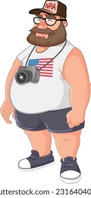 cartoon vector illustration of a fat American tourist