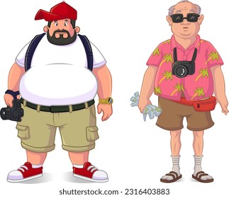 cartoon vector illustration of fat clueless American tourists