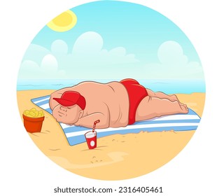 cartoon vector illustration of a fat guy sunbathing on a towel at the beach