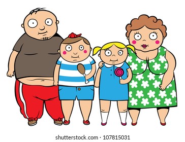 Cartoon Vector Illustration Of Fat Overweight Family, Children With Parents