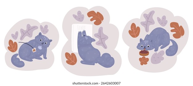 Cartoon vector illustration of Fat tabby cat is playing, pushing with a paw slow feeder ball with dry food inside, trying to take out a crunch. Playful kitty having fun with a challenging toy. 
