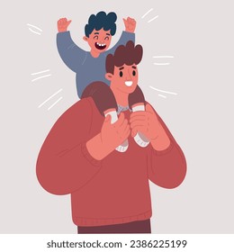 Cartoon vector illustration of father and boy. The son sits on his dad's shoulders