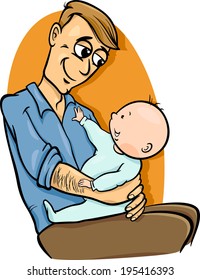 Cartoon Vector Illustration of Father with his Cute Baby