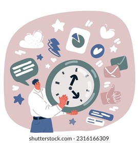 Cartoon vector illustration of Father holding big clock man hold clock big clock trying to stop the time. Time management, childhood, daily routine