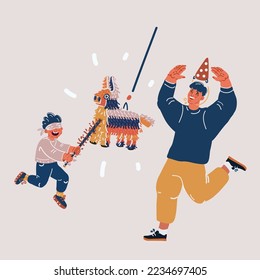 Cartoon vector illustration of Father and Son Playing Pinata