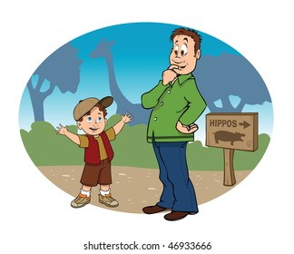 cartoon vector illustration father son zoo trip